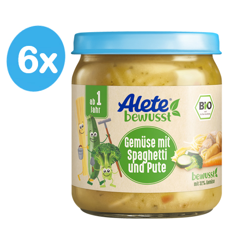 Alete BIO Příkrm zelenina se špagetami a krůtím masem 12m+ 6x250 g Alete