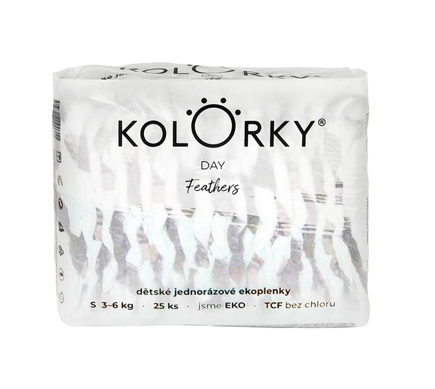 KOLORKY DAY Jednorázové eko plenky vel. S 3-6 kg 25 ks peří KOLORKY