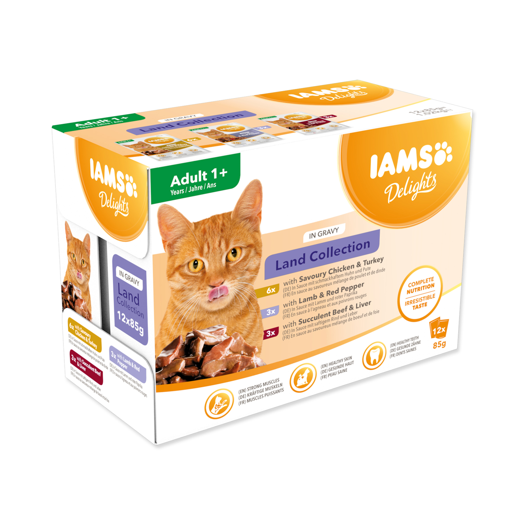 IAMS Delights Suchozemské maso v omáčce kapsičky multipack 12x85 g IAMS