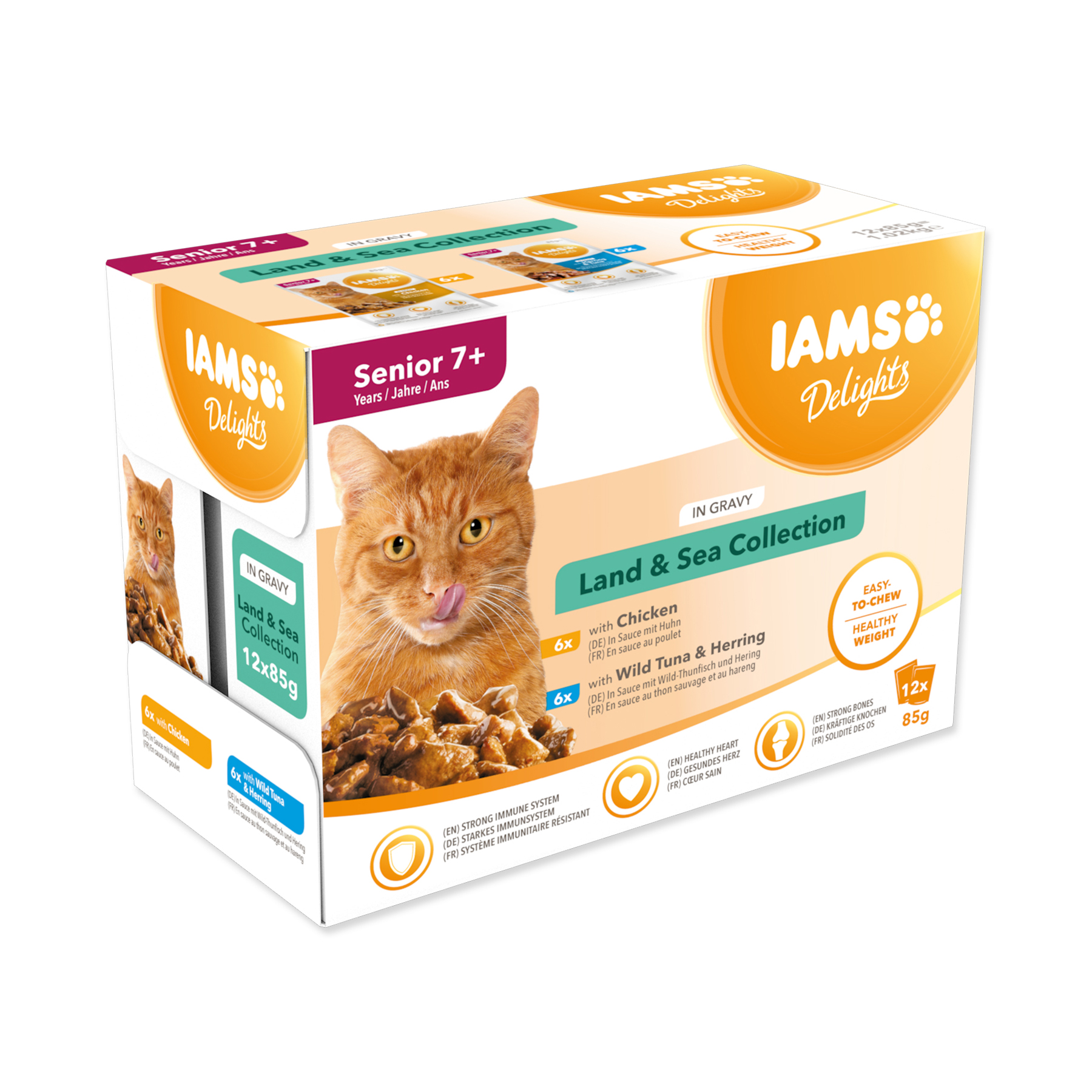 IAMS Delights Senior mořské a suchozemské maso v omáčce kapsičky multipack 12x85 g IAMS