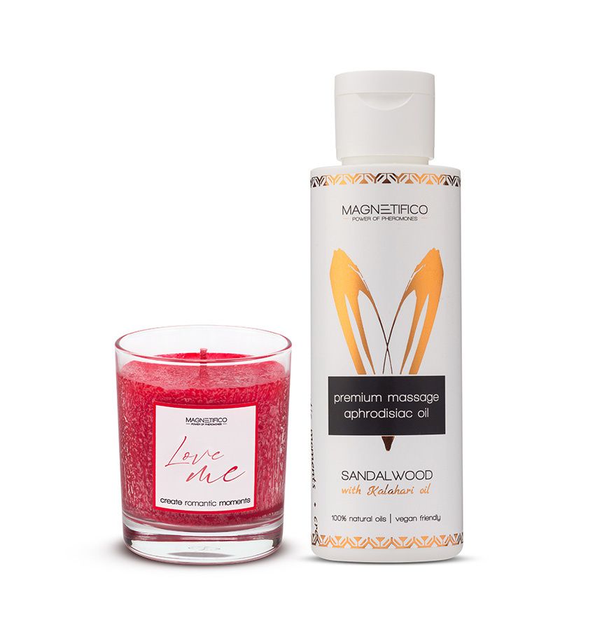 MAGNETIFICO Masážní olej Sandalwood 100 ml + vonná svíčka Love me 125 g MAGNETIFICO