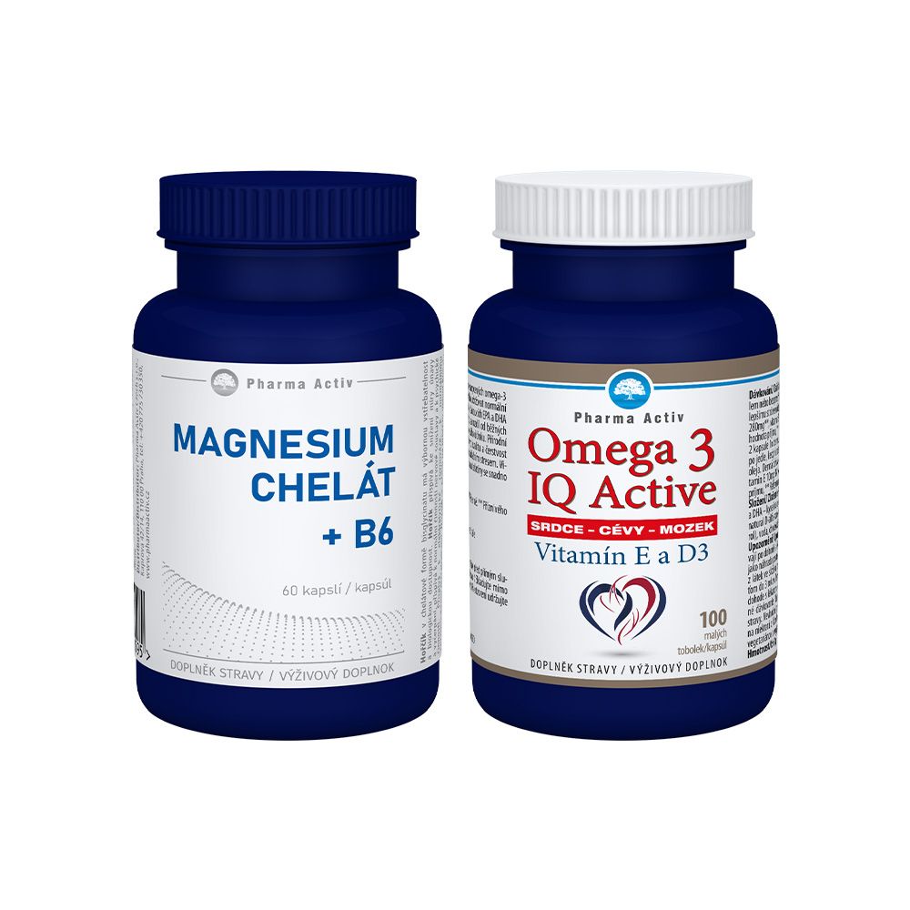 Pharma Activ Magnesium Chelát + B6 + Omega 3 IQ Activ Vitamín E a D3 60 kapslí + 100 tobolek Pharma Activ