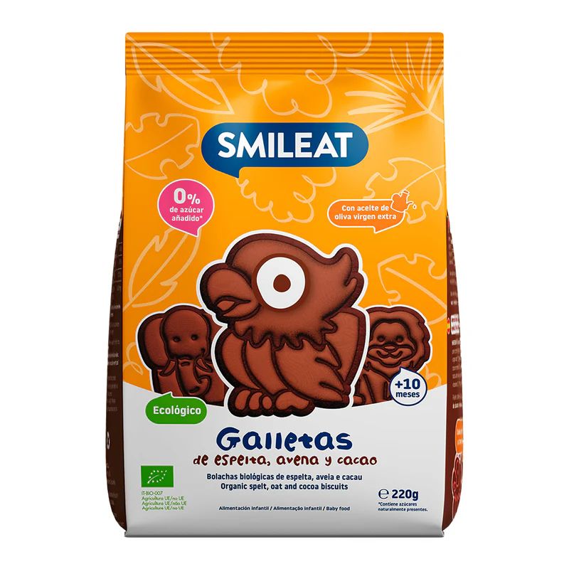 Smileat BIO špaldové kakaové sušenky s jablečnou šťávou a vitaminem B1 10M+ 220 g Smileat