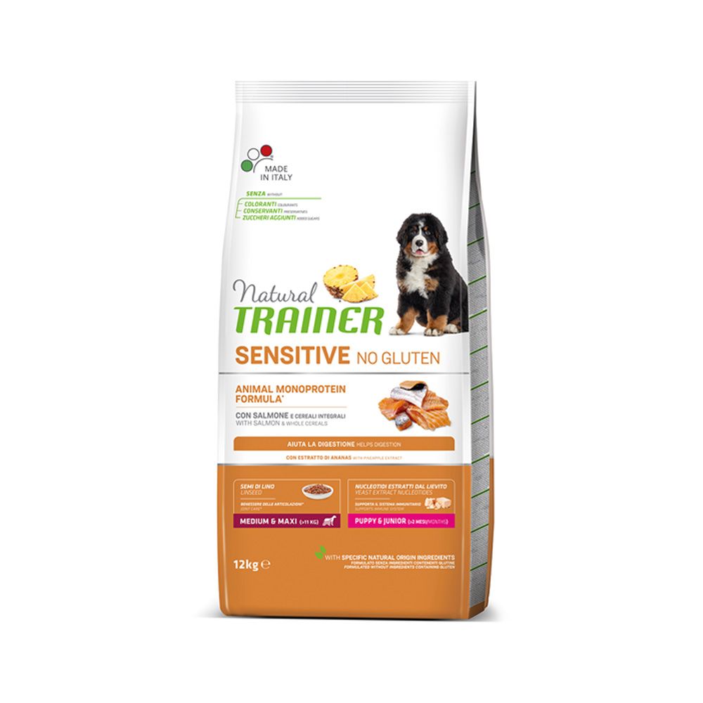 Natural Trainer No gluten puppy&junior medium/maxi losos granule 12 kg Natural Trainer