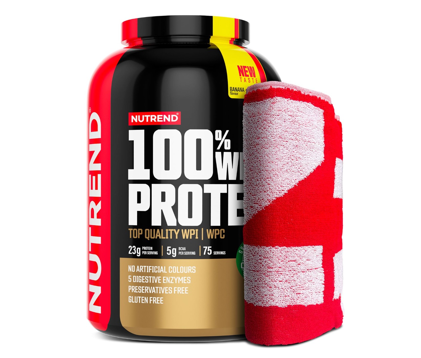 Nutrend 100% Whey Protein banán + jahoda dárková sada 2250 g + ručník Nutrend