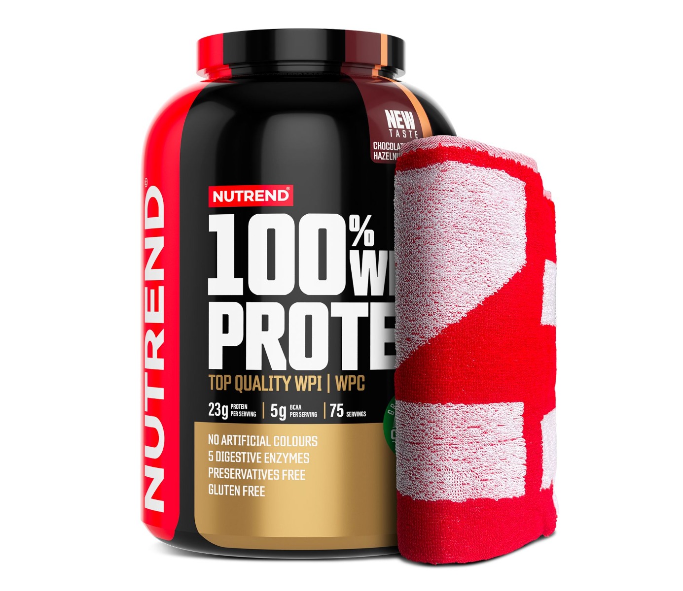 Nutrend 100% Whey Protein čokoláda + lískový ořech dárková sada 2250 g + ručník Nutrend