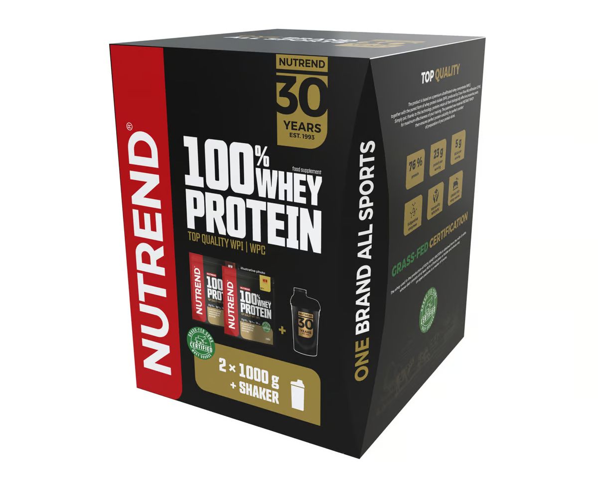 Nutrend 100% Whey Protein čokoláda + vanilka dárkové balení 2x1000 g + shaker Nutrend