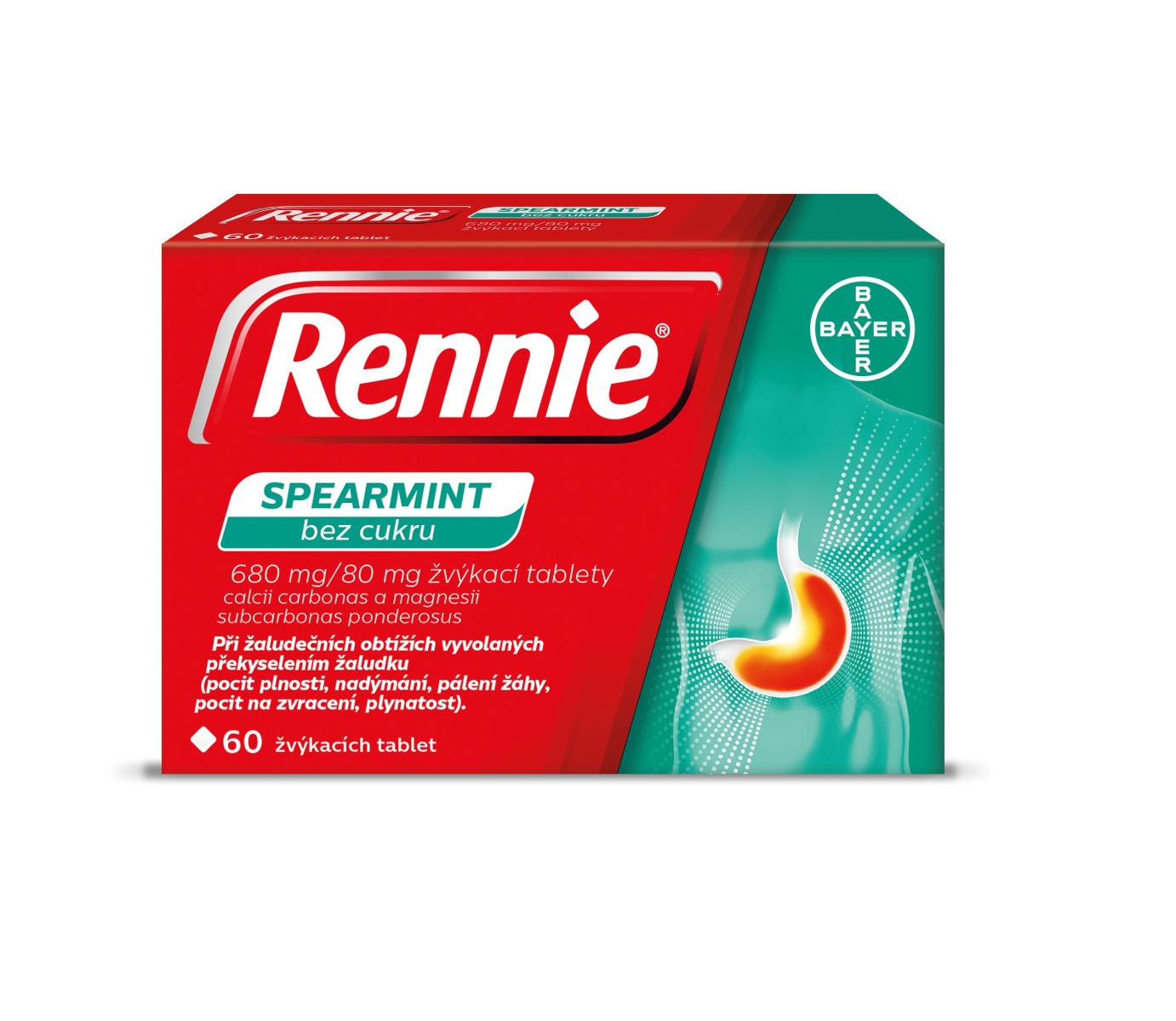 Rennie Spearmint bez cukru 60 žvýkacích tablet Rennie