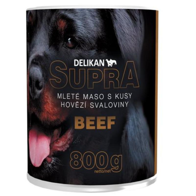 Delikan SUPRA DOG mleté hovězí maso s kousky hovězí svaloviny 800g konzerva pro psa Delikan