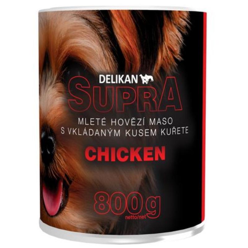 Delikan SUPRA DOG mleté hovězí maso s velkou porcí kuřete 800g konzerva pro psa Delikan