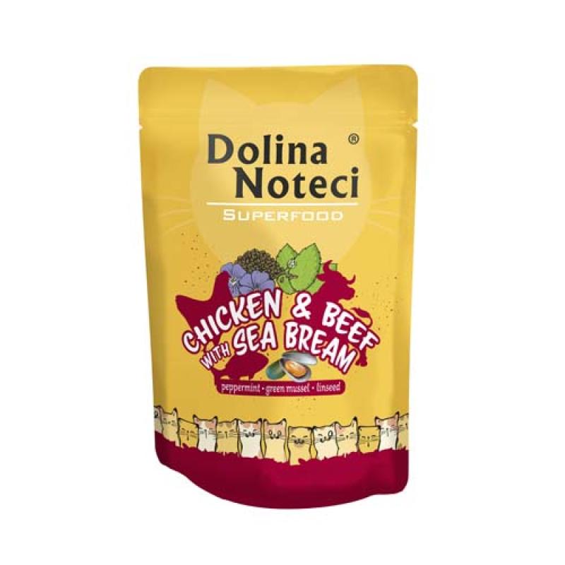 Dolina Noteci SUPERFOOD 85g kuřecí a hovězí maso s pražmou pro kočky 80% masa Dolina Noteci