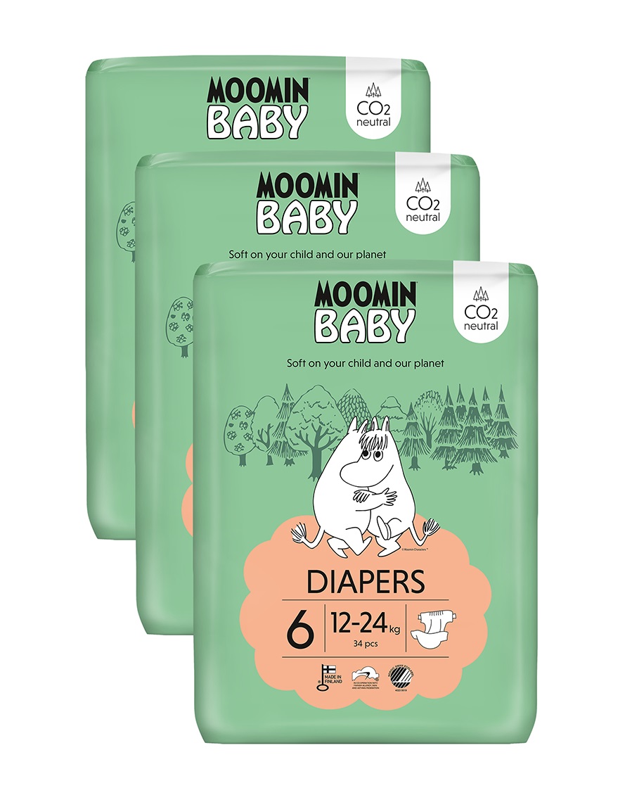 Moomin Baby 6 Maxi 12–24 kg měsíční balení eko plen 102 ks Moomin Baby