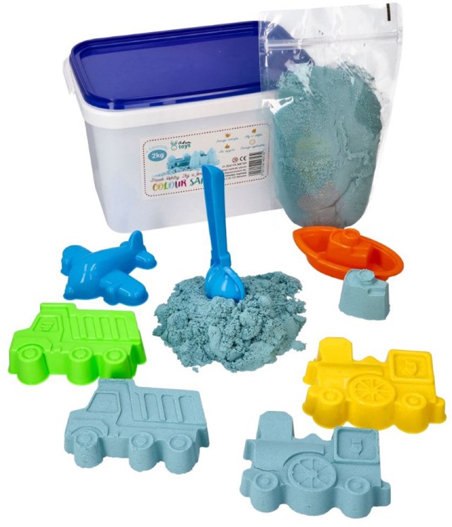 Adam Toys Kinetický písek - modrý - 2kg + formičky dopravní prostředky zdarma Adam Toys